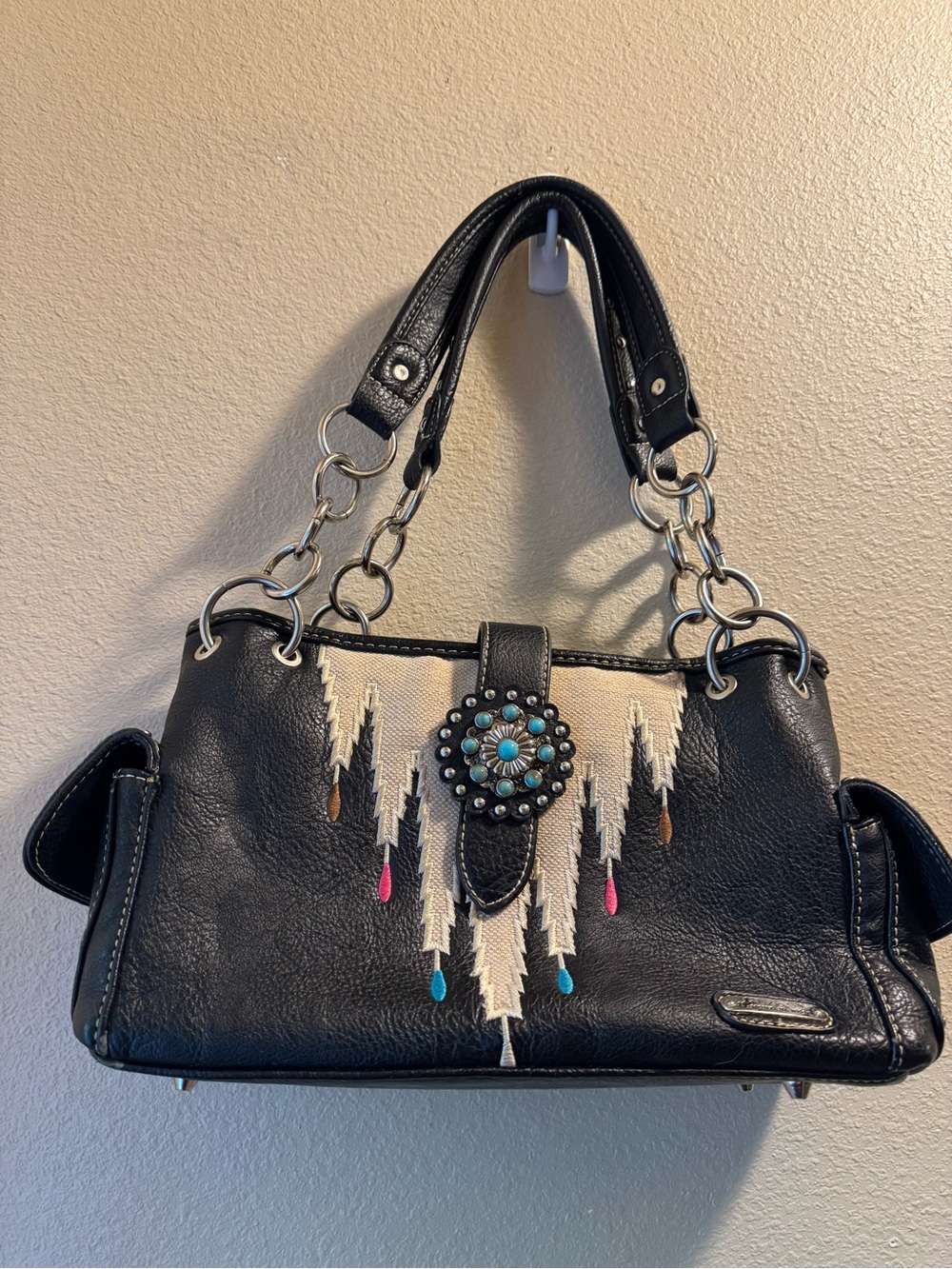 Black Southwestern Embellished Satchel Bag with Turquoise Accent